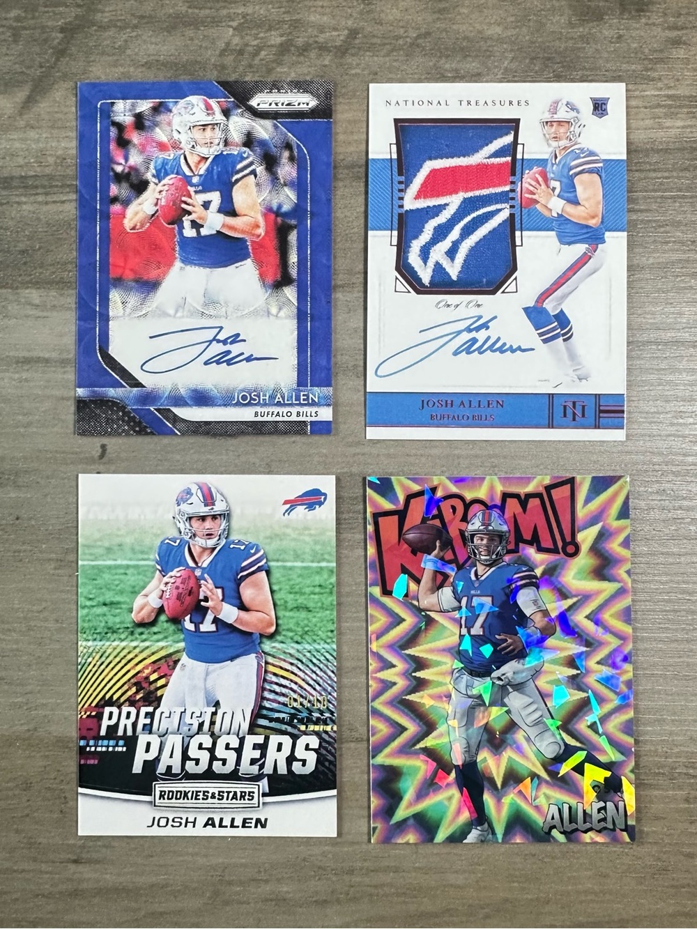 Josh Allen Signed Rookie Lot of (4) Panini Kaboom Topps Novelty Cards.